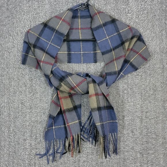 100% Cashmere Plaid Scarf Mens Womens Unisex Blue Gray Fringed Preppy 64x10 - Picture 1 of 6